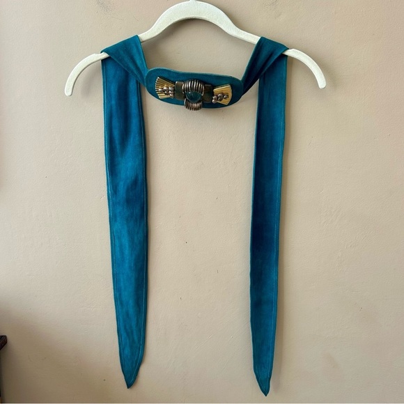 Vintage Laise Adzer Blue Suede Leather Wide Art Deco Belt Boho Chic Statement - Picture 9 of 13